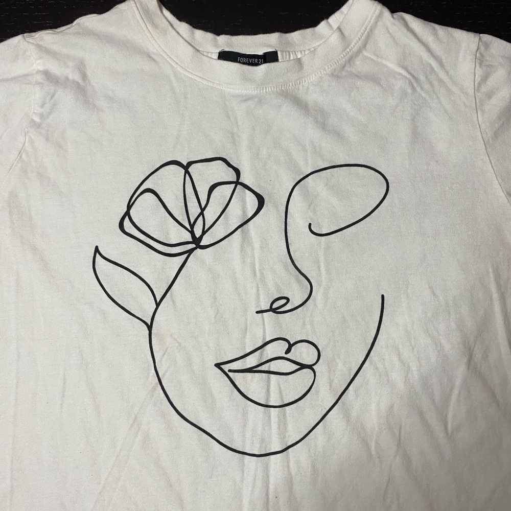 Forever 21 White Crew Neck Graphic Tee - Single Line Face - Picture 2 of 7